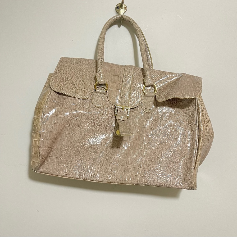 Jessica Simpson Beige Crocodile-Embossed Satchel